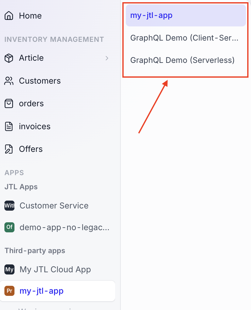 Menu items of apps