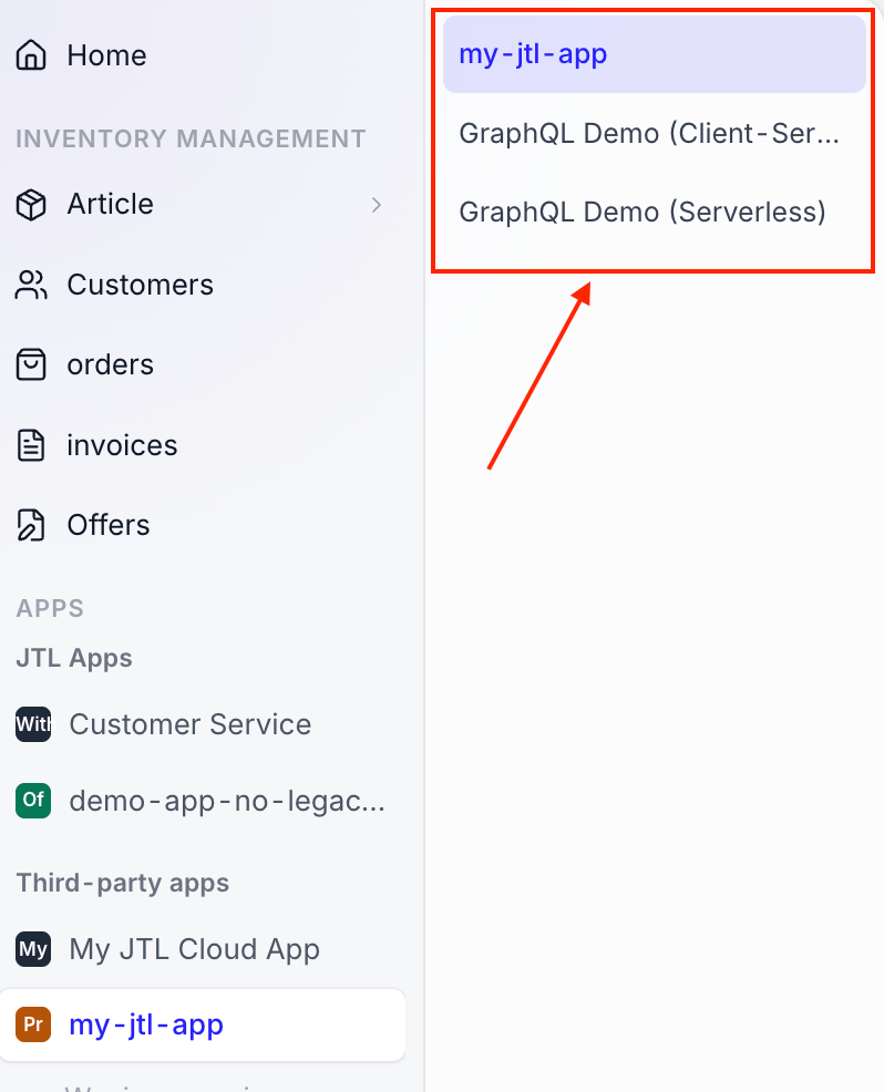 Menu items of apps