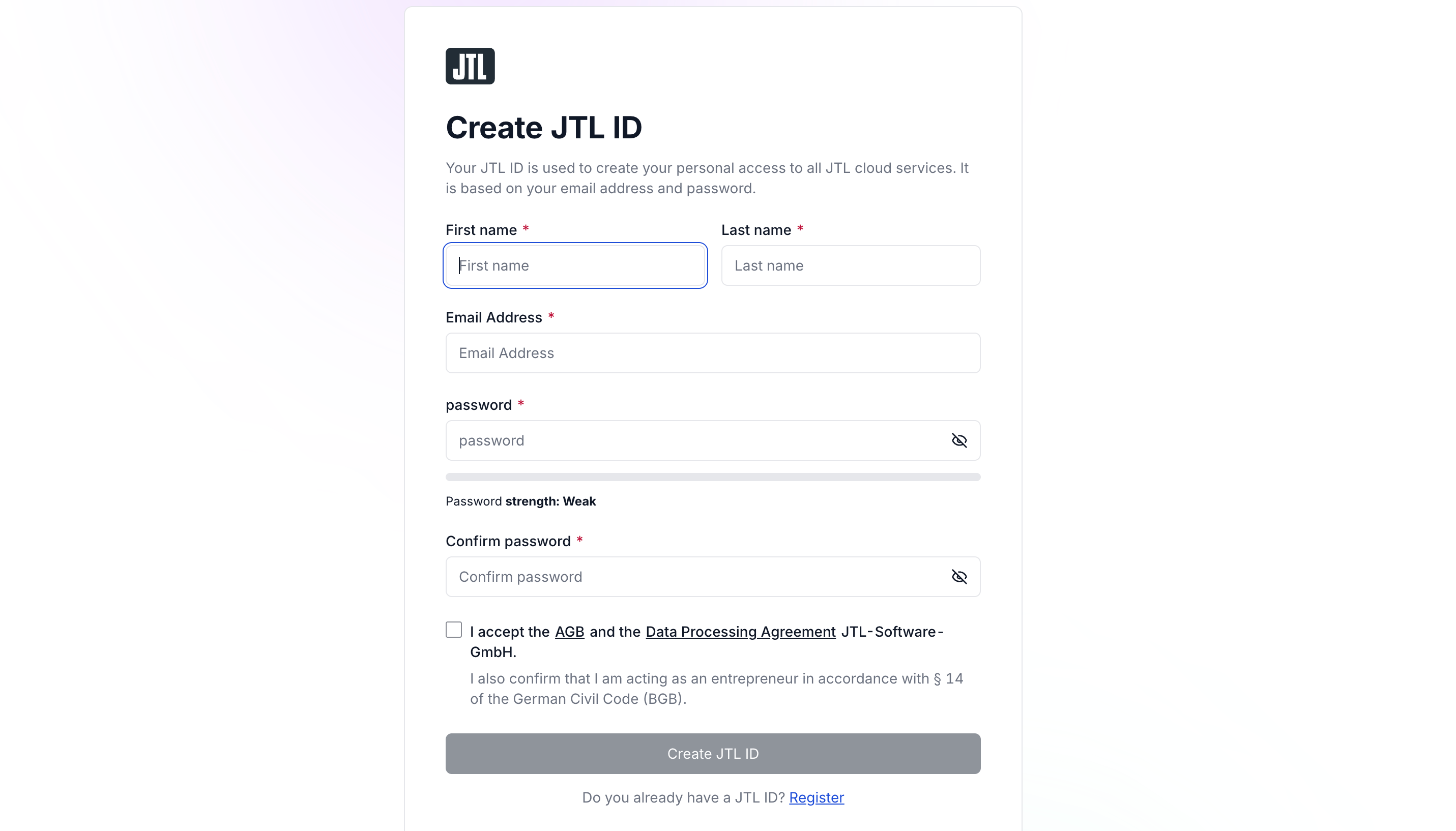 Partner Portal registration screenshot