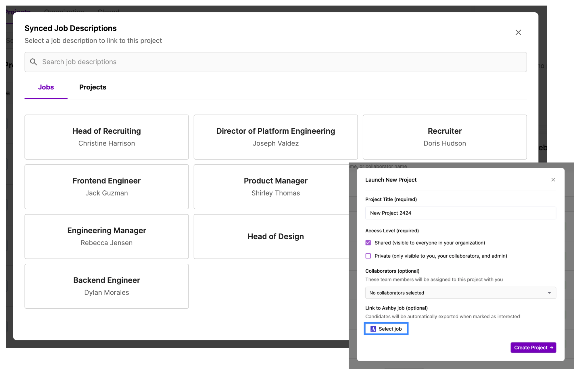 Linking a new project to an Ashby job and selecting a synced job description