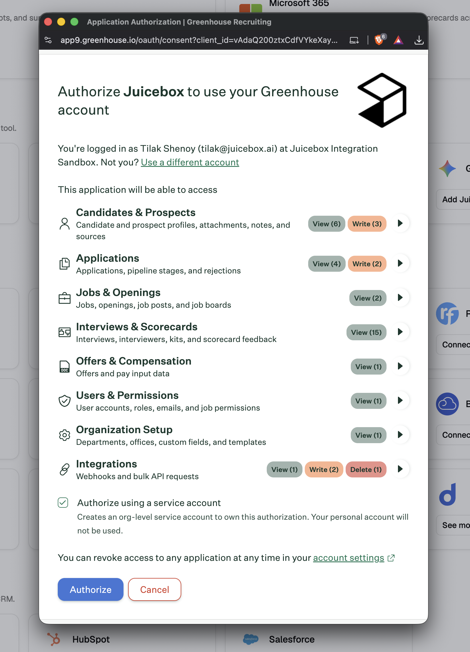 Authorize using a service account option in the Greenhouse authorization window