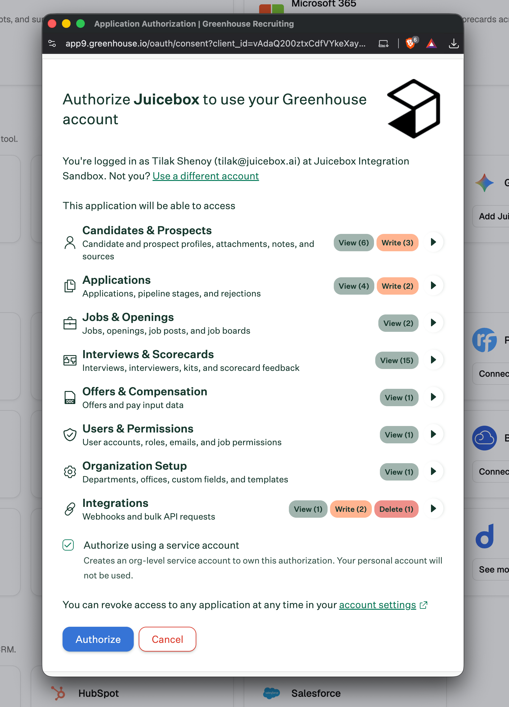 Authorize using a service account option in the Greenhouse authorization window