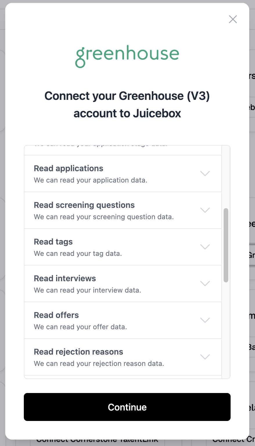 Data permissions in the Greenhouse (V3) connection pop-up