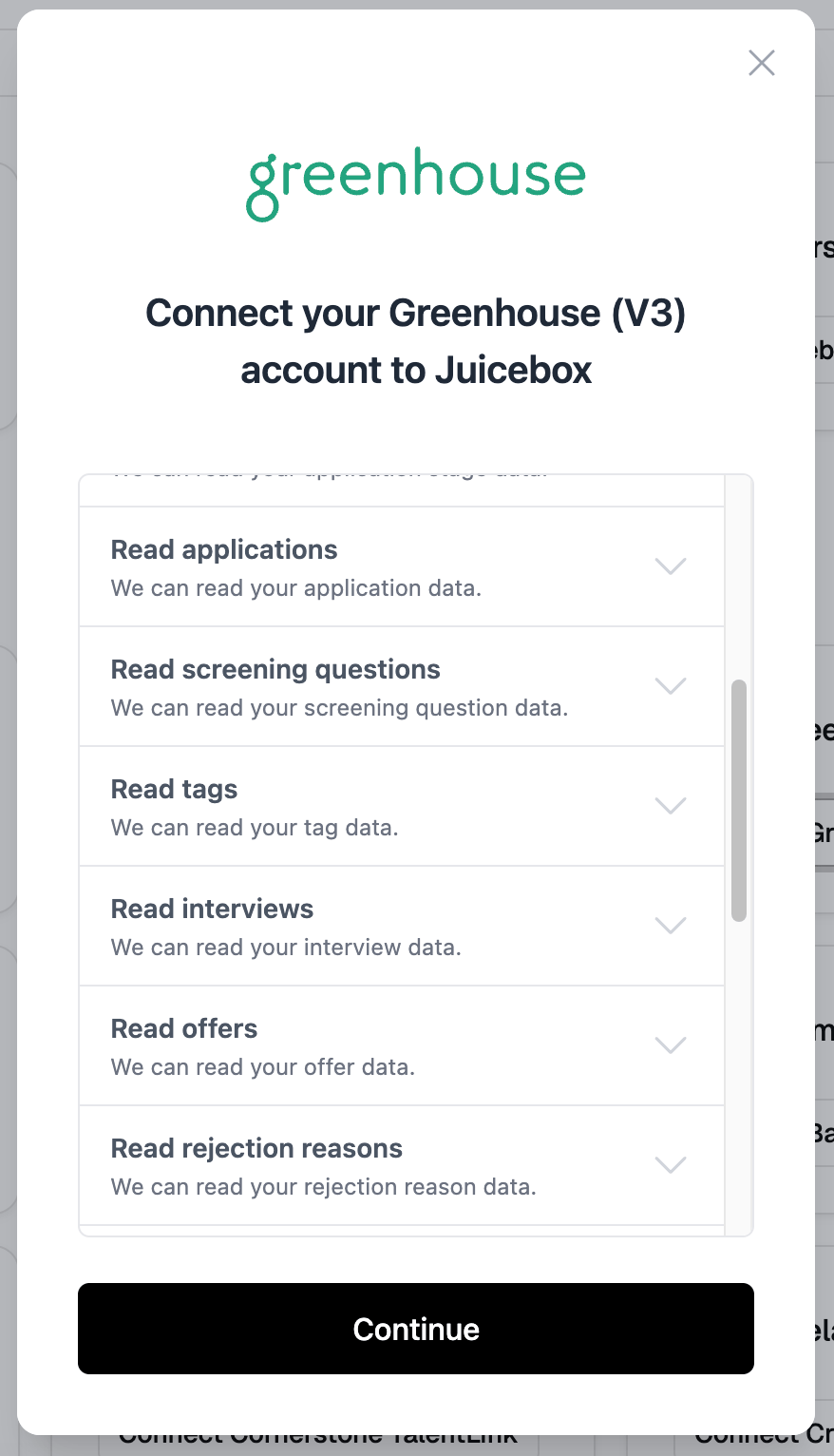 Data permissions in the Greenhouse (V3) connection pop-up