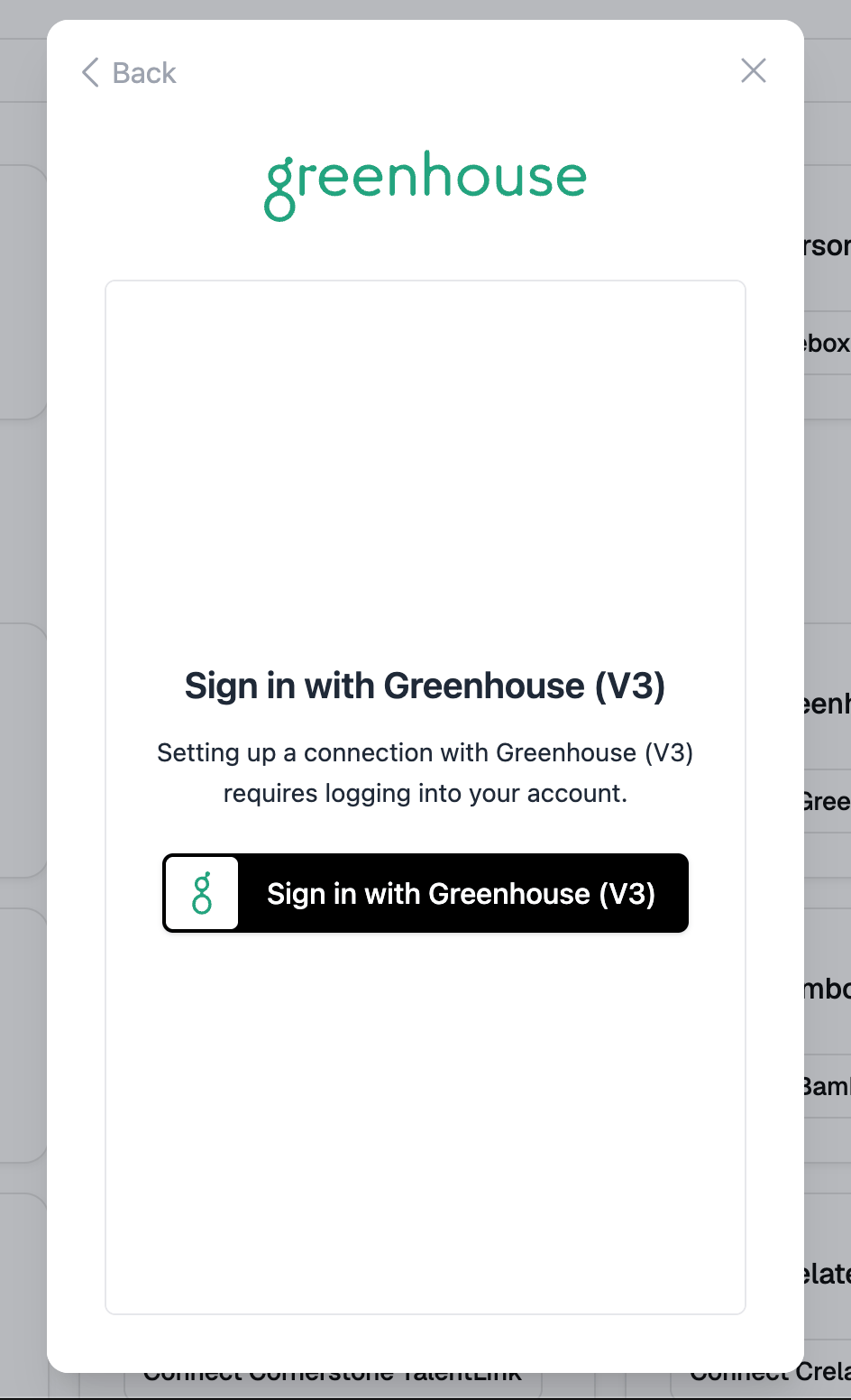 Sign in with Greenhouse (V3) step in the connection pop-up
