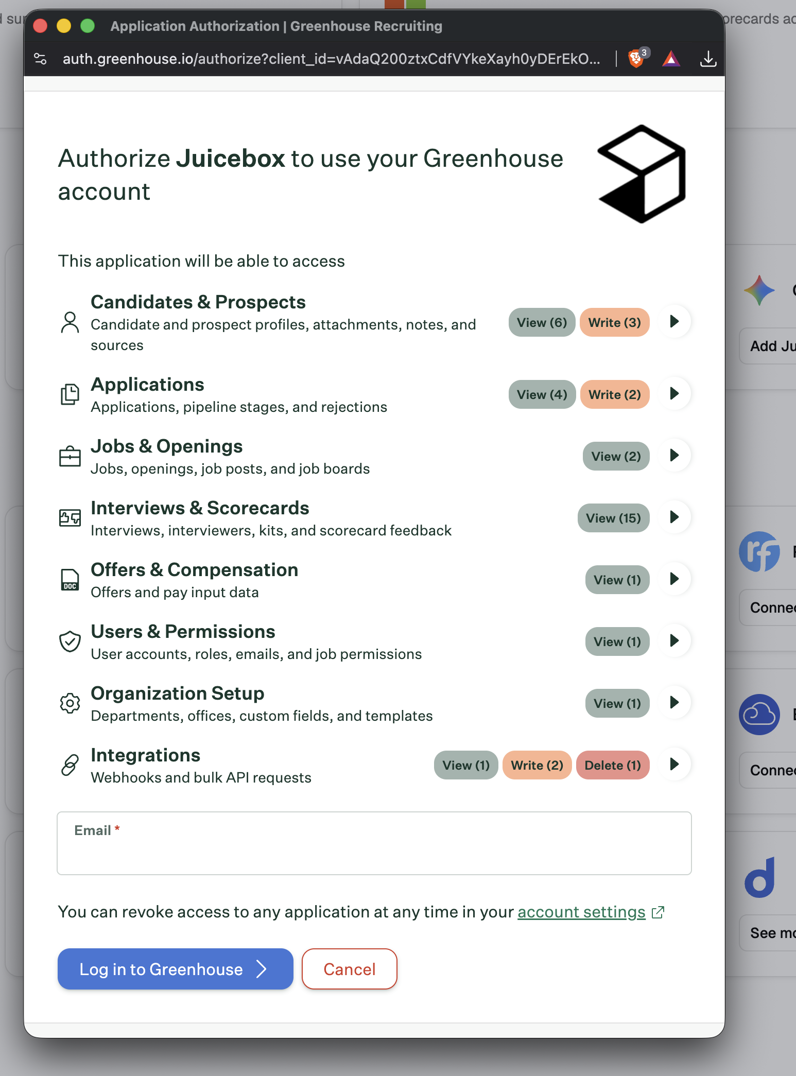 Greenhouse authorization window asking for your email