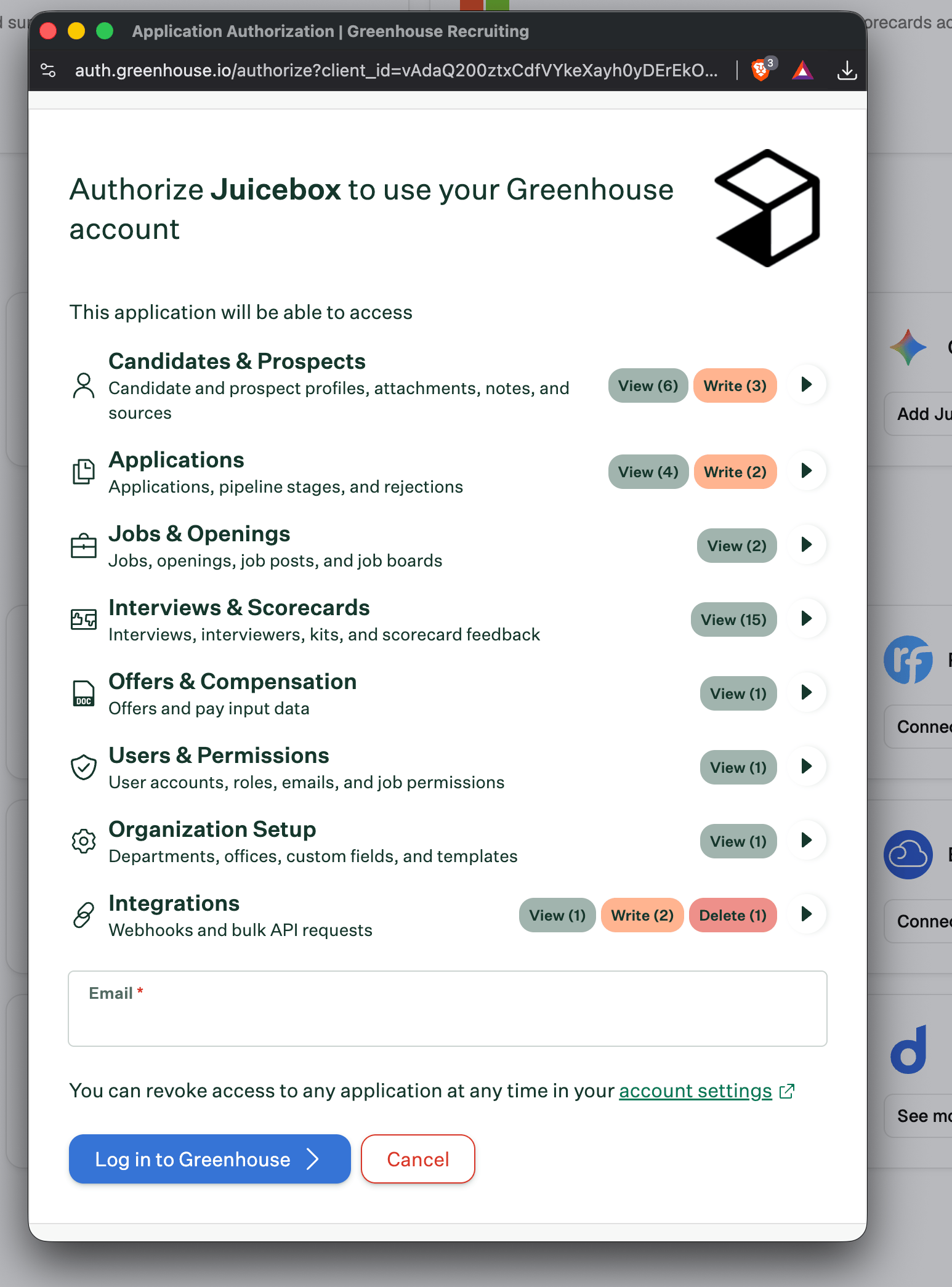 Greenhouse authorization window asking for your email