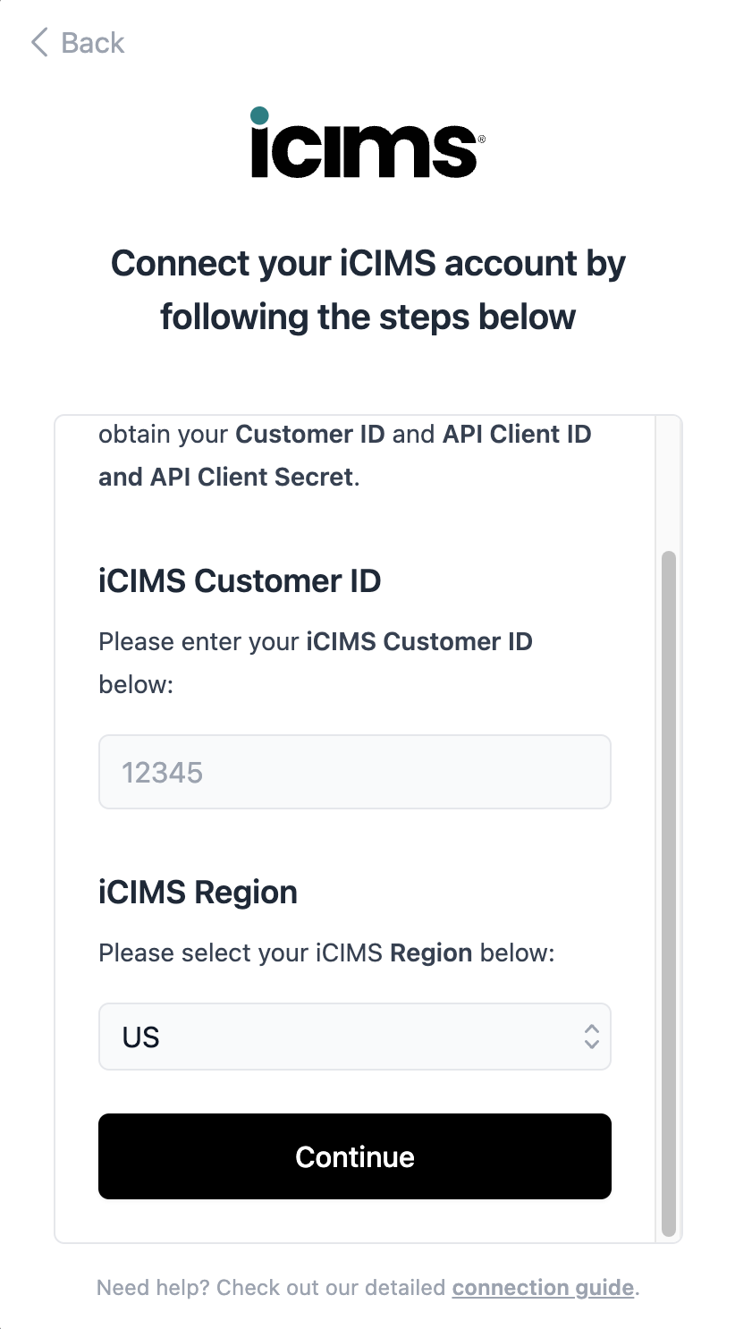 Entering the iCIMS Customer ID and selecting the region in the connection flow