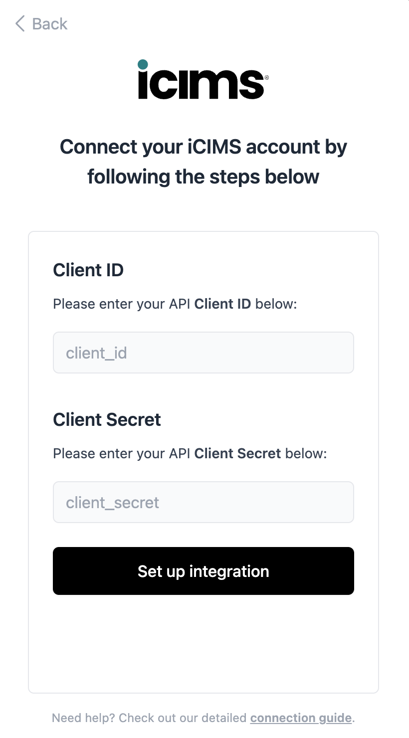 Entering the API Client ID and Client Secret in the connection flow