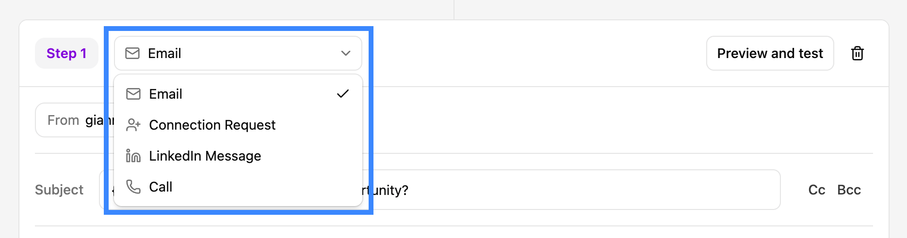 Step type dropdown showing email, LinkedIn Connection Request, LinkedIn Message, and Call options