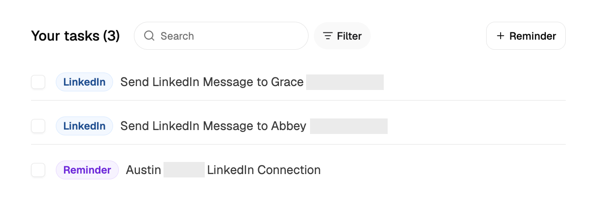 Home page task list with filters for status, task type, and project