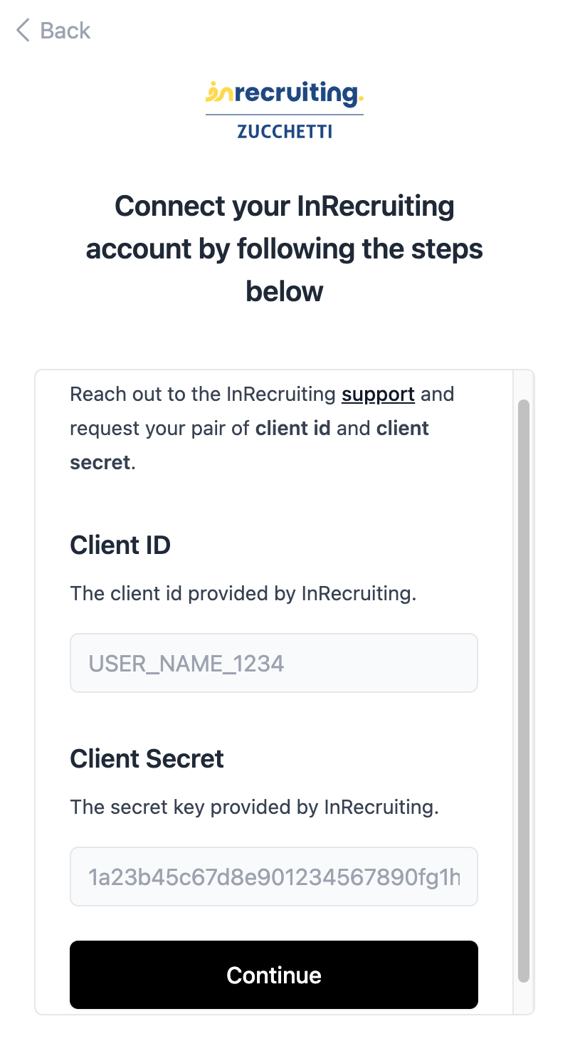 Enter the InRecruiting client credentials.