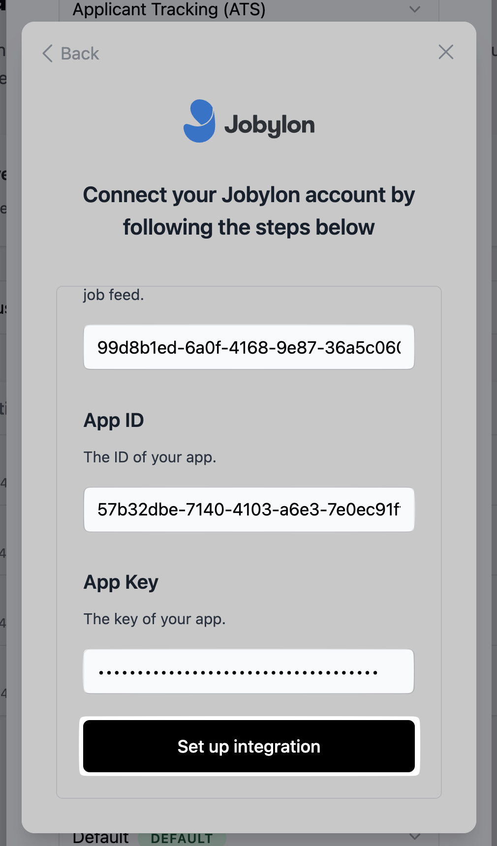 Use the job feed and application credentials supplied by Jobylon.