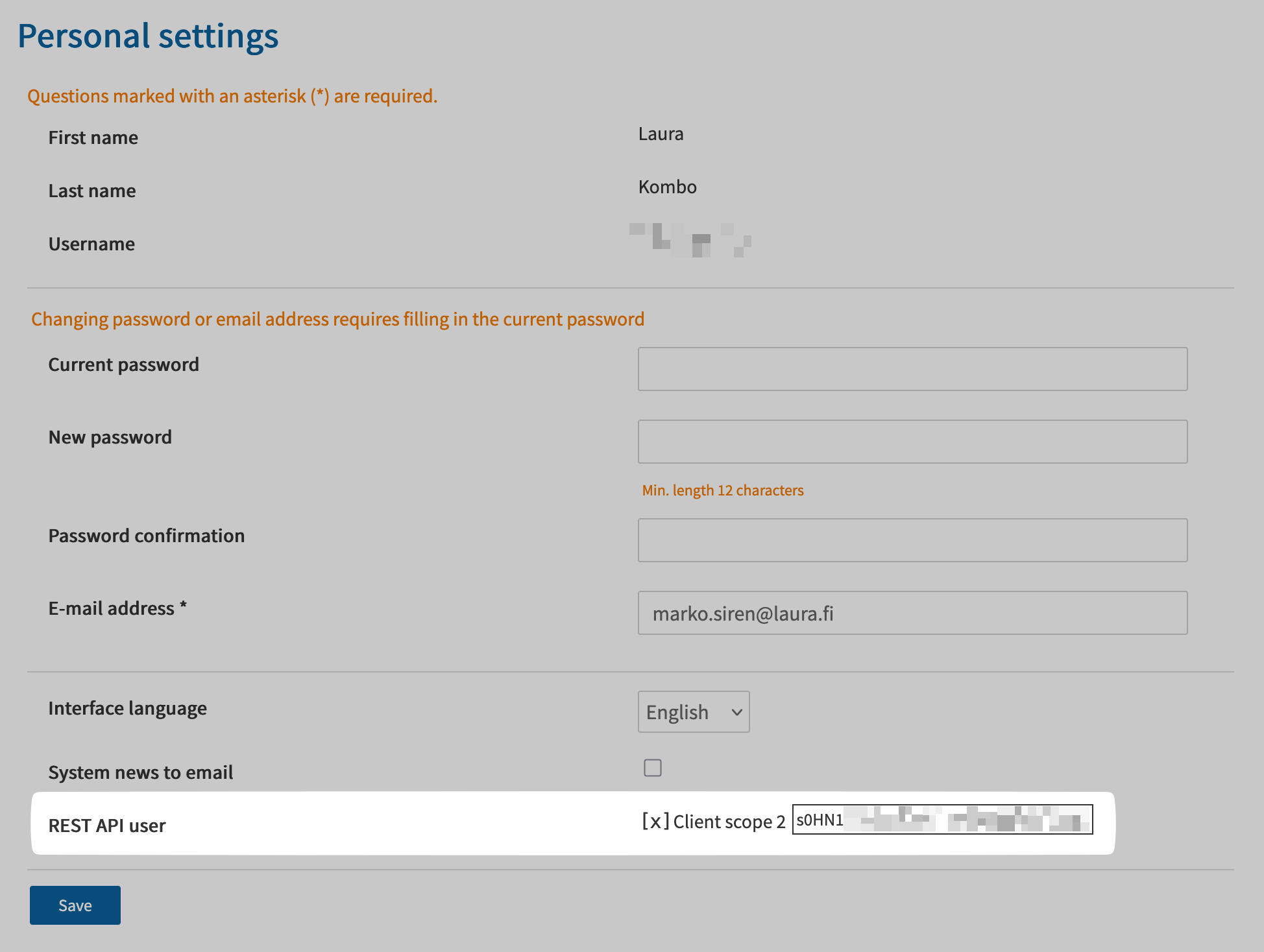 Locate the REST API user key.