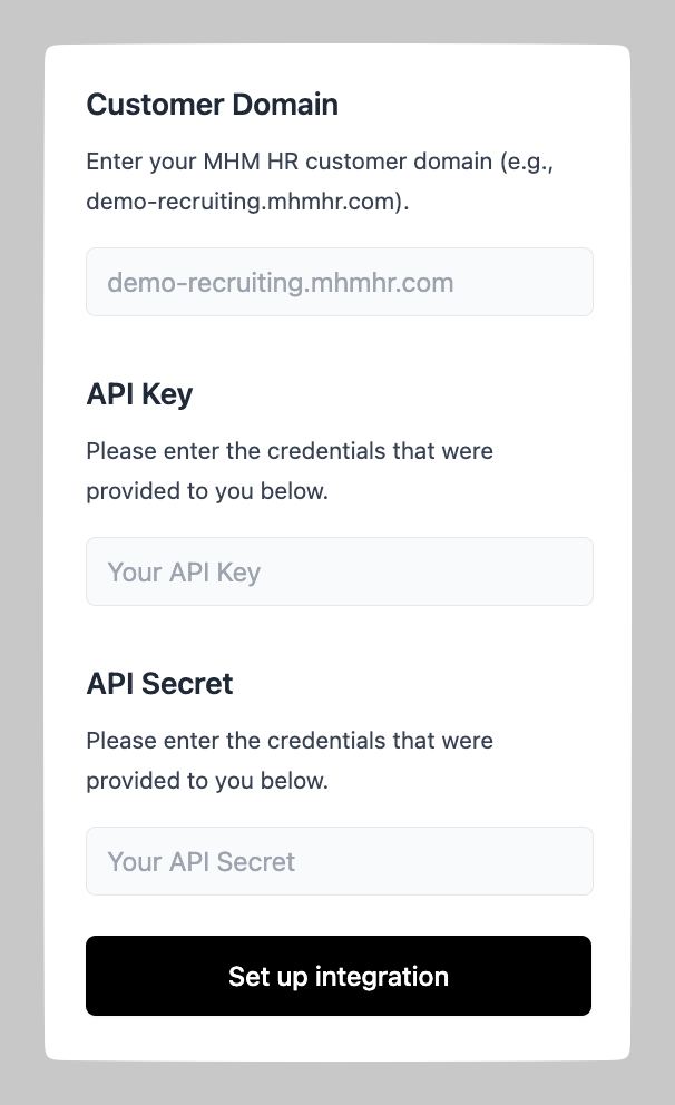 Enter the MHM HR domain and API credentials.