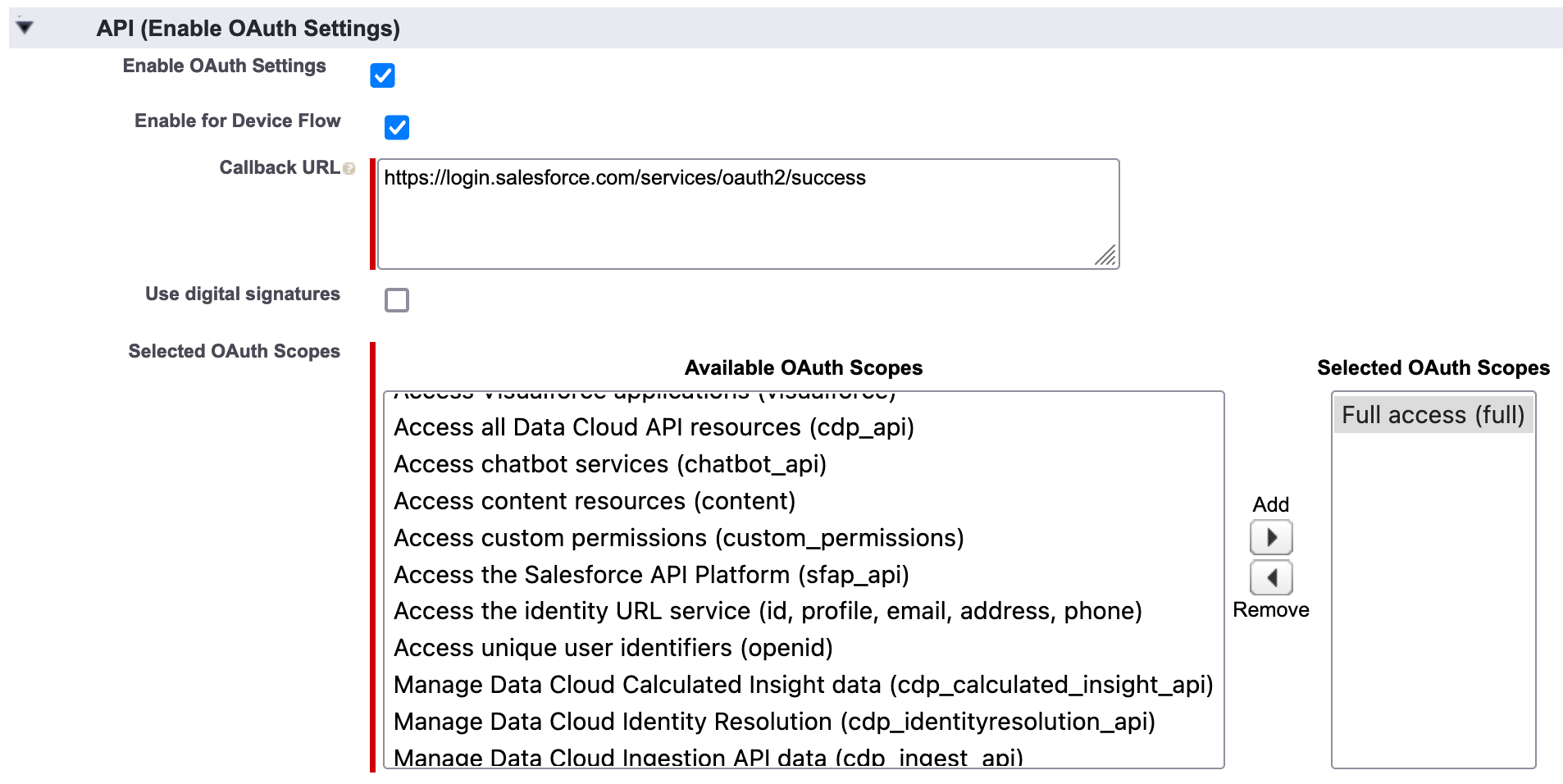 Configure the connected app’s OAuth settings.
