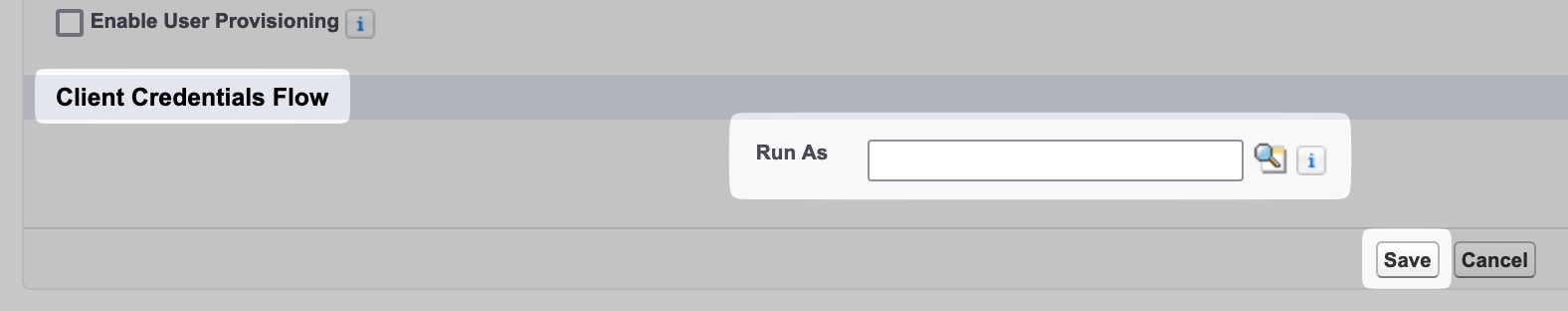 Configure the run-as user for Client Credentials Flow.