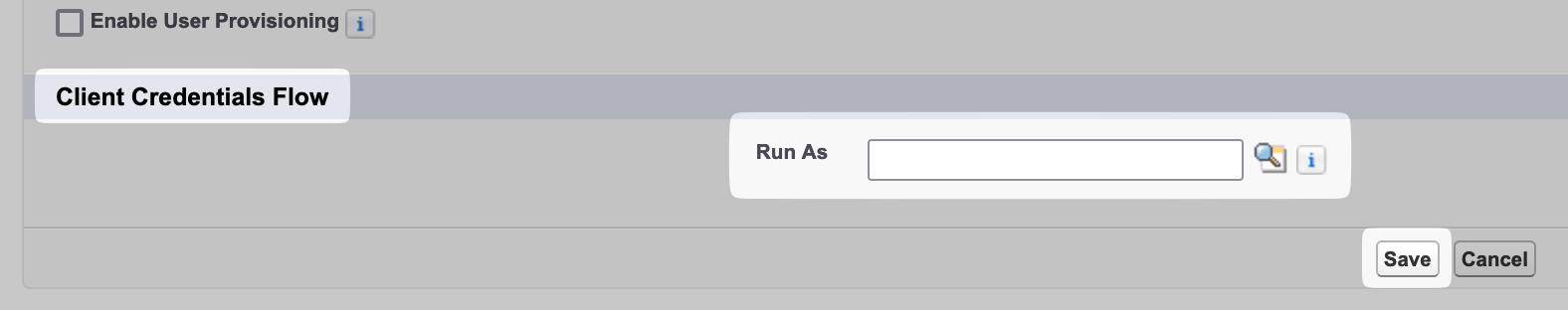 Configure the run-as user for Client Credentials Flow.