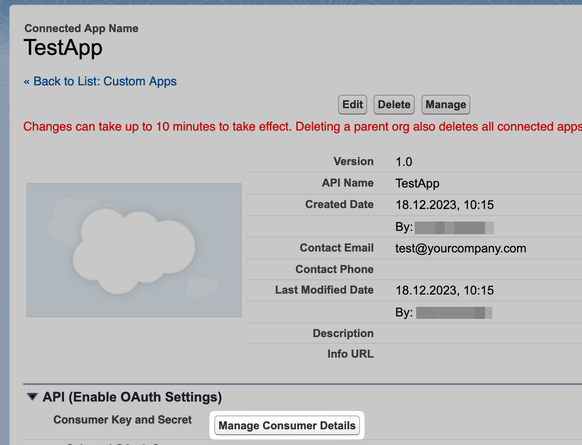 Open Manage Consumer Details for the connected app.