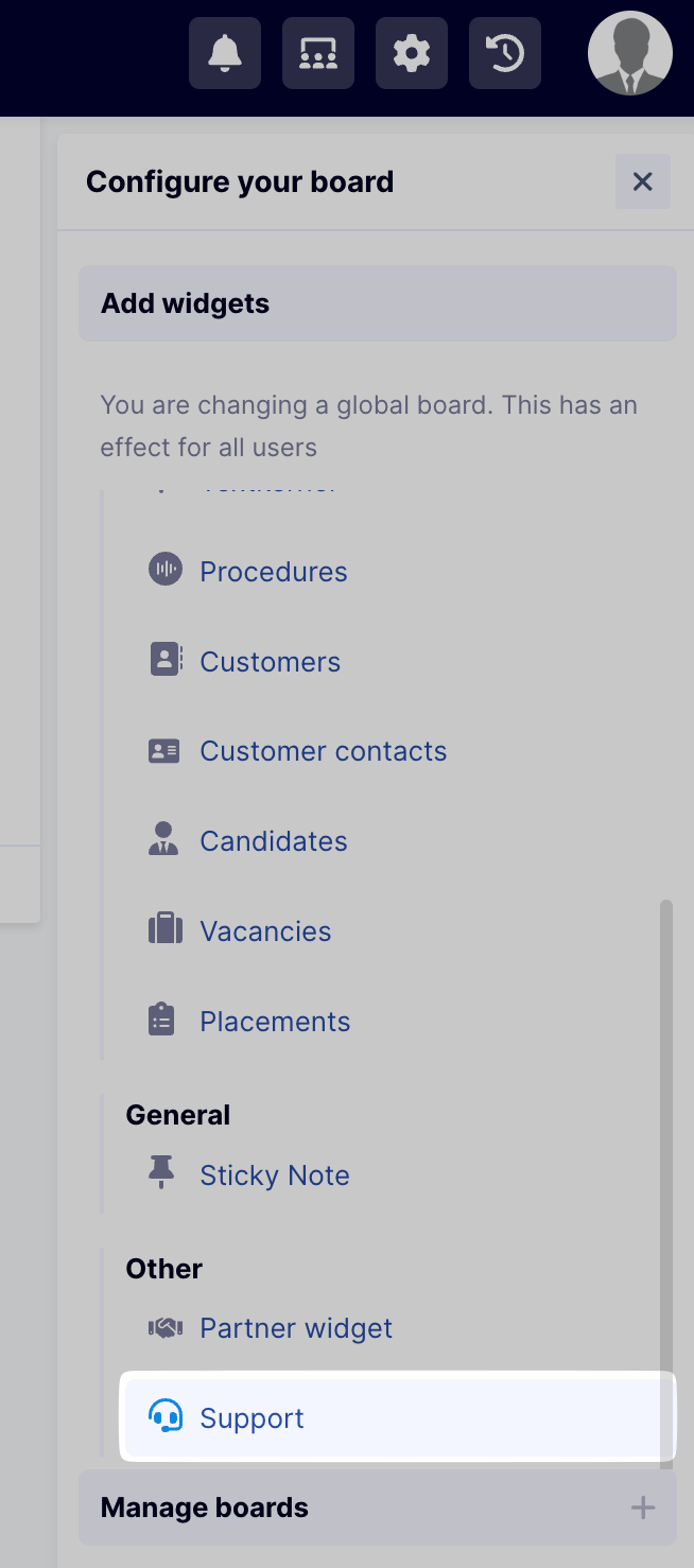 Add the Support widget to the OTYS dashboard.
