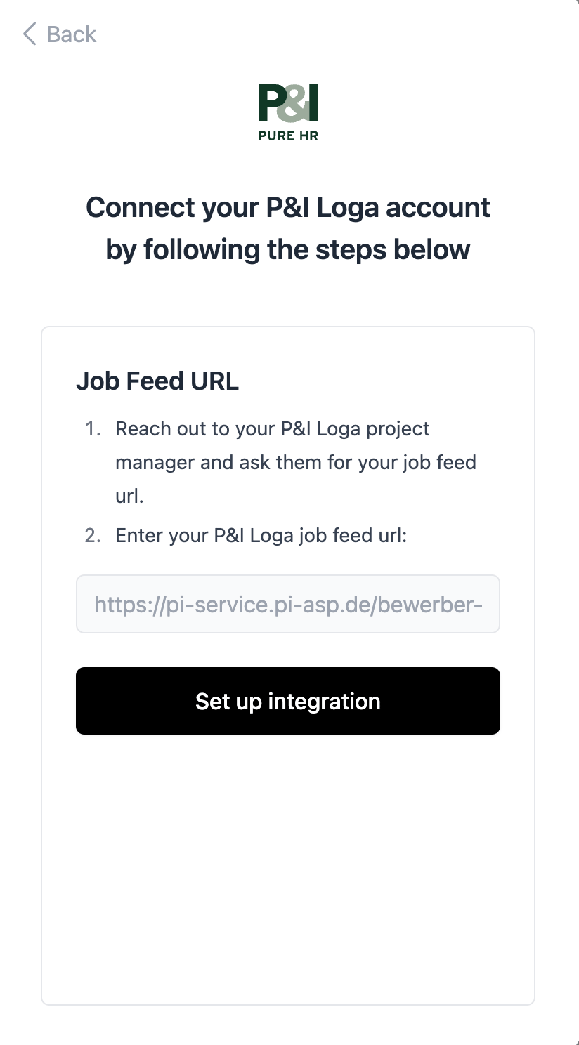 Enter the XML job feed URL supplied by P&I Loga.