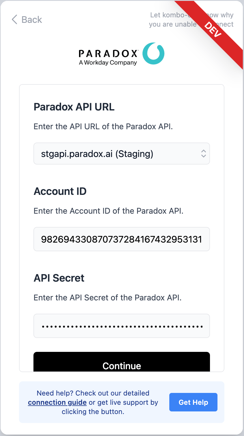 Select the correct Paradox API environment.