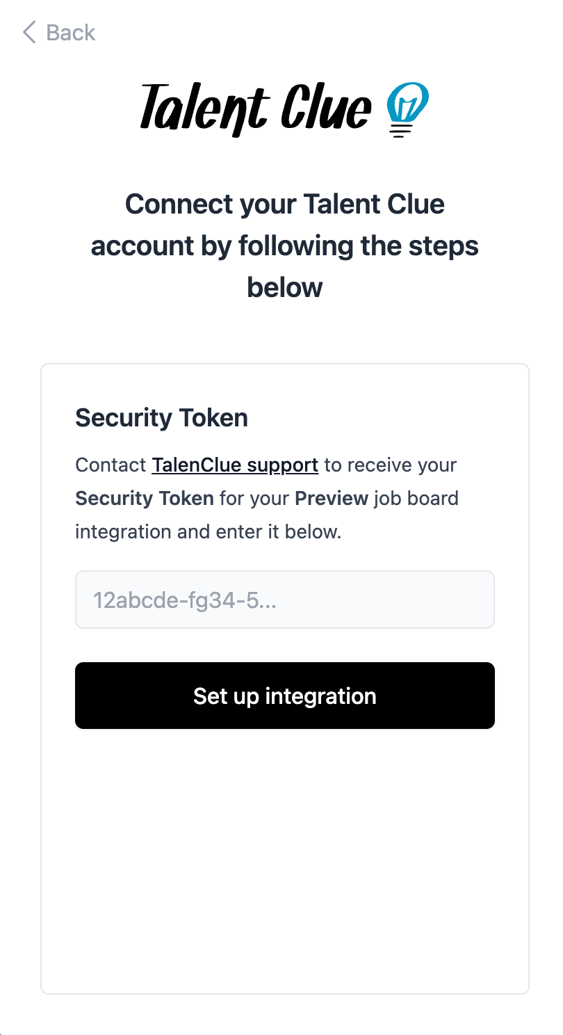Enter the security token issued for the specified job board.