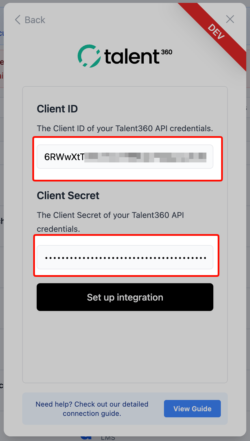 Enter the Talent360 API credentials.
