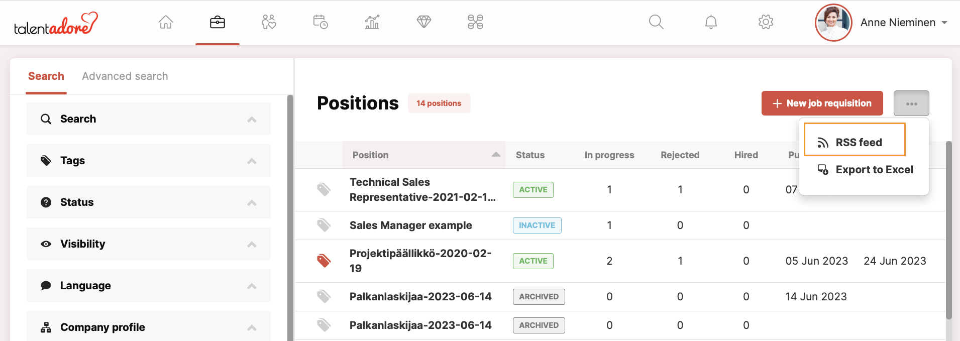 Open the RSS feed dialog from Positions.