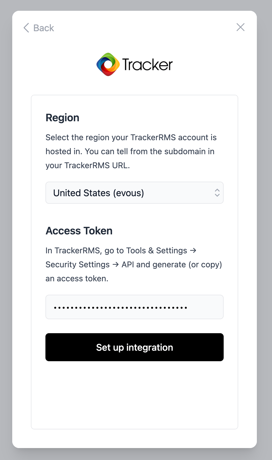 Select the region and enter the access token.