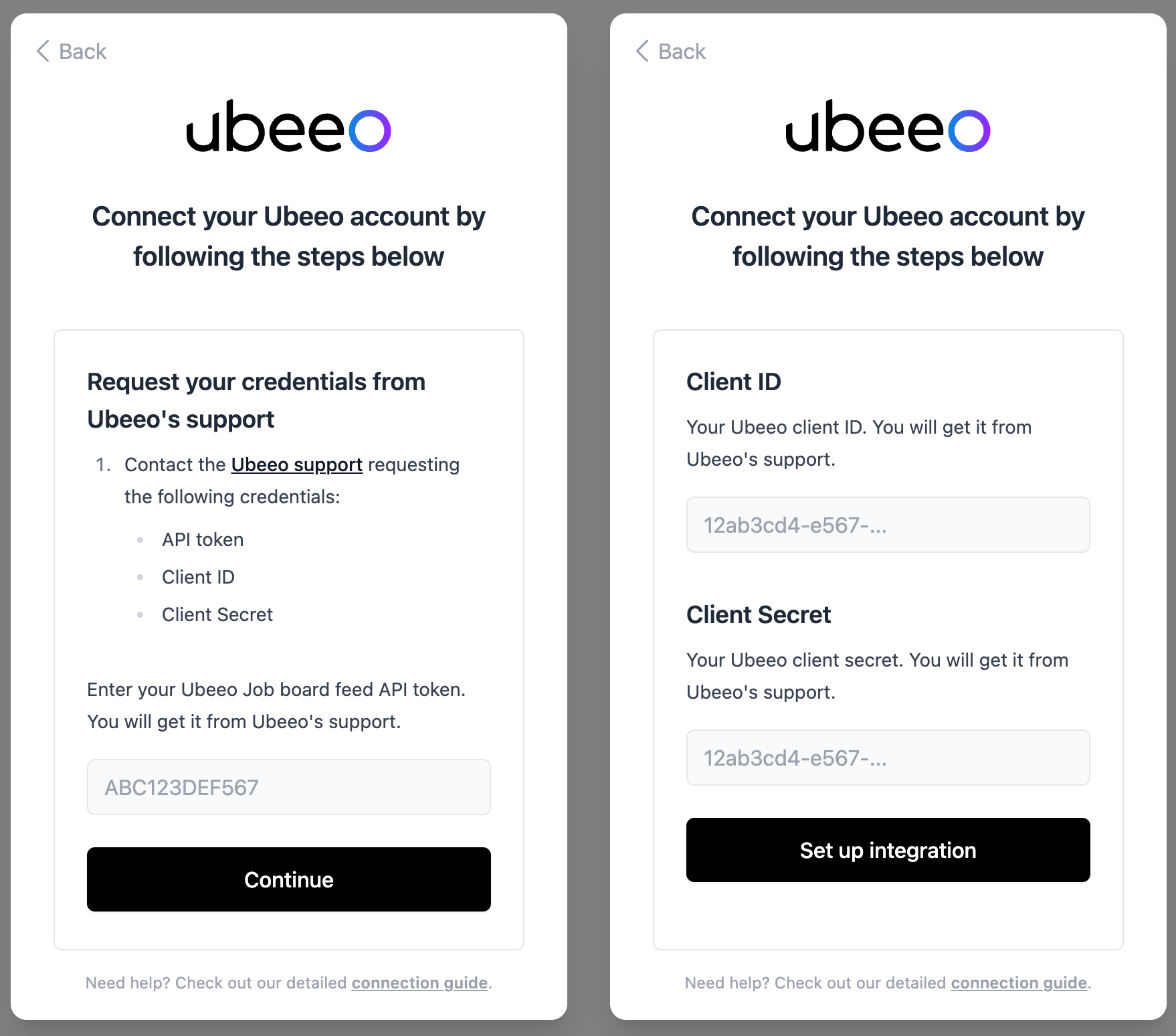 Use the job-feed token and client credentials supplied by Ubeeo.
