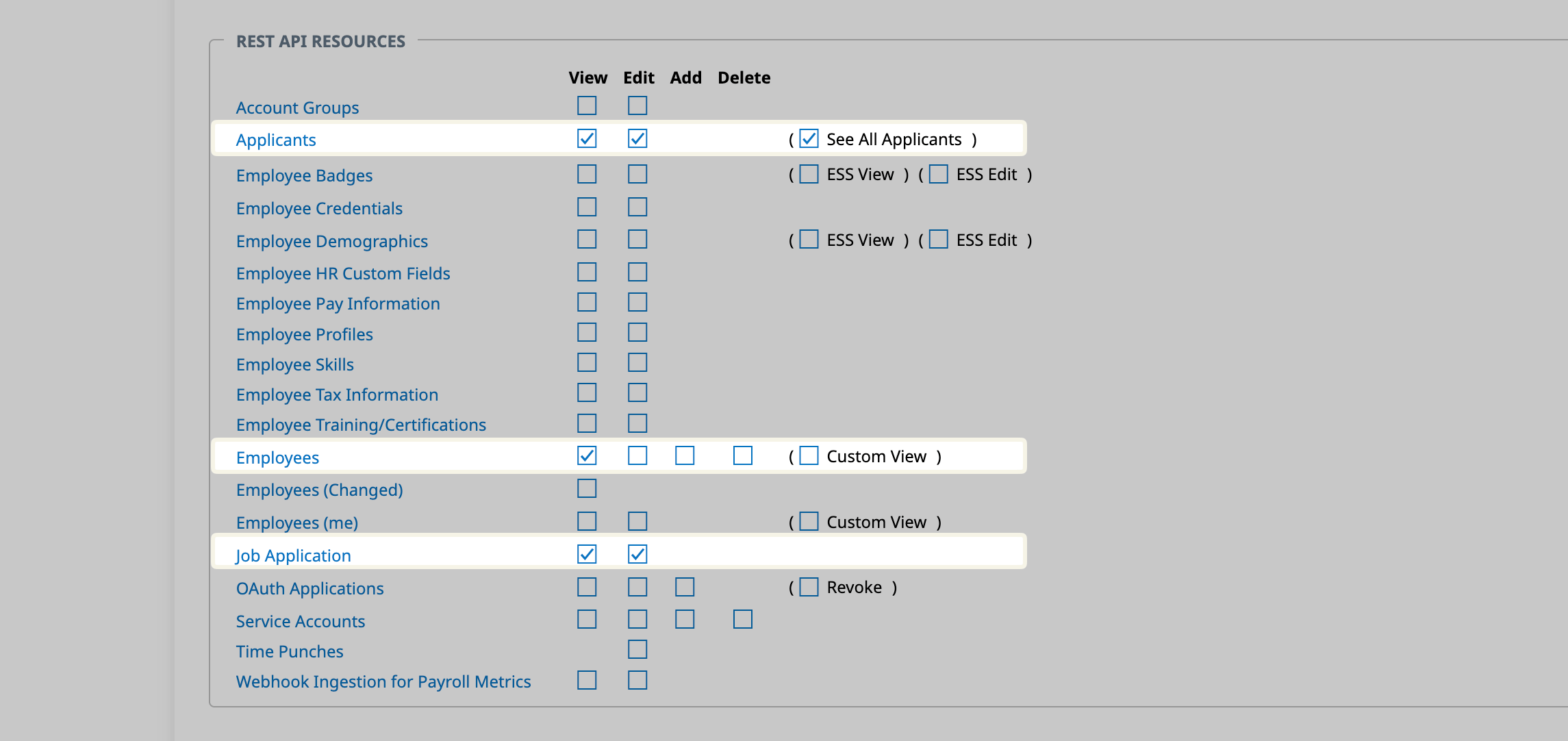 Configure the requested REST API Resources permissions.