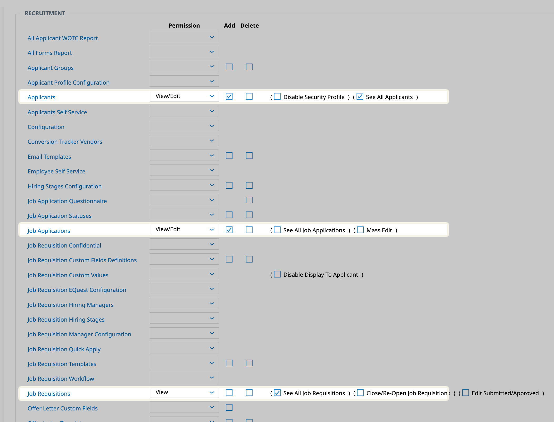 Configure the requested Recruitment permissions.