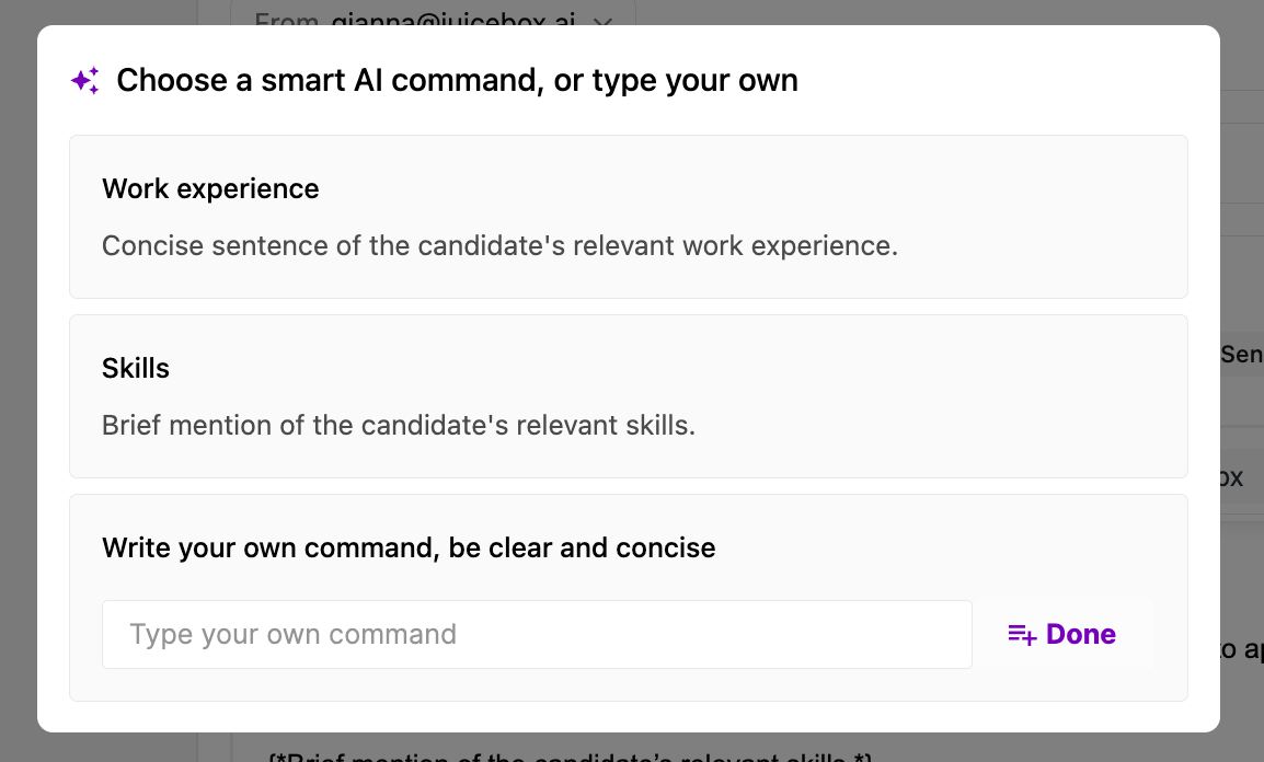 AI Command options with pre-set examples for work experience and skills
