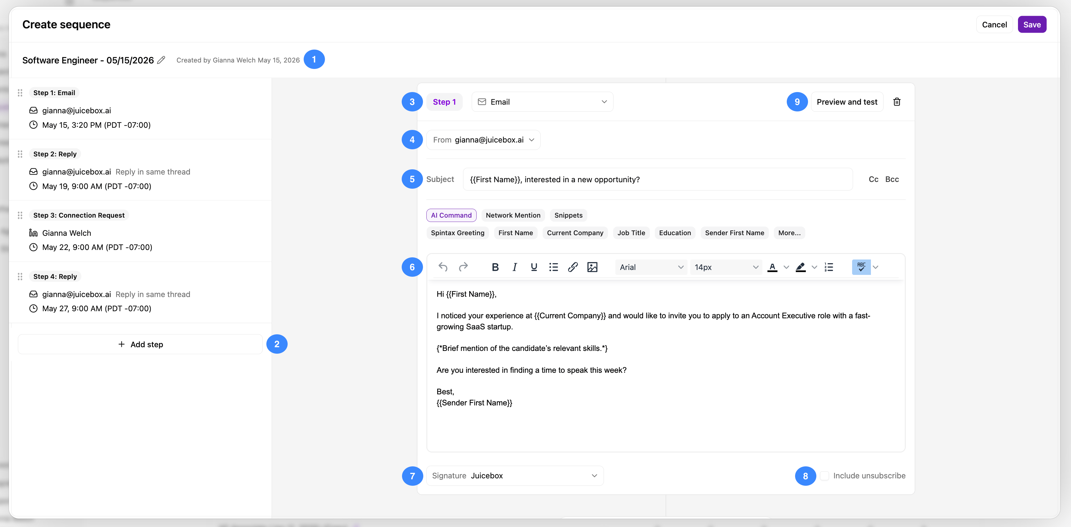 Sequence editor with numbered callouts for each customization option