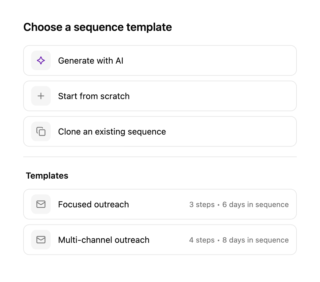 Sequence creation options including AI generation, starting from scratch, cloning, and templates