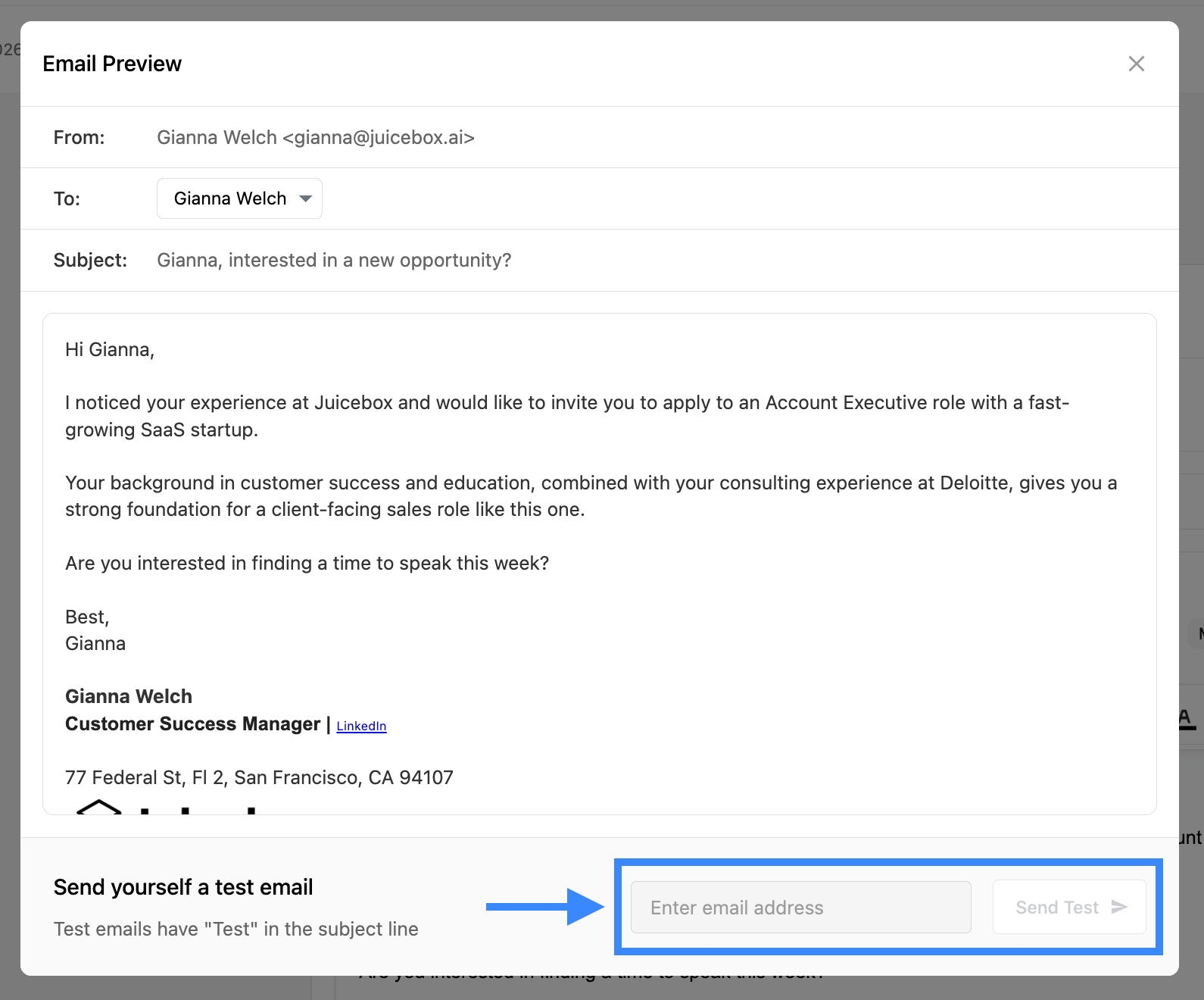 Test email input for sending a test sequence to yourself or a teammate