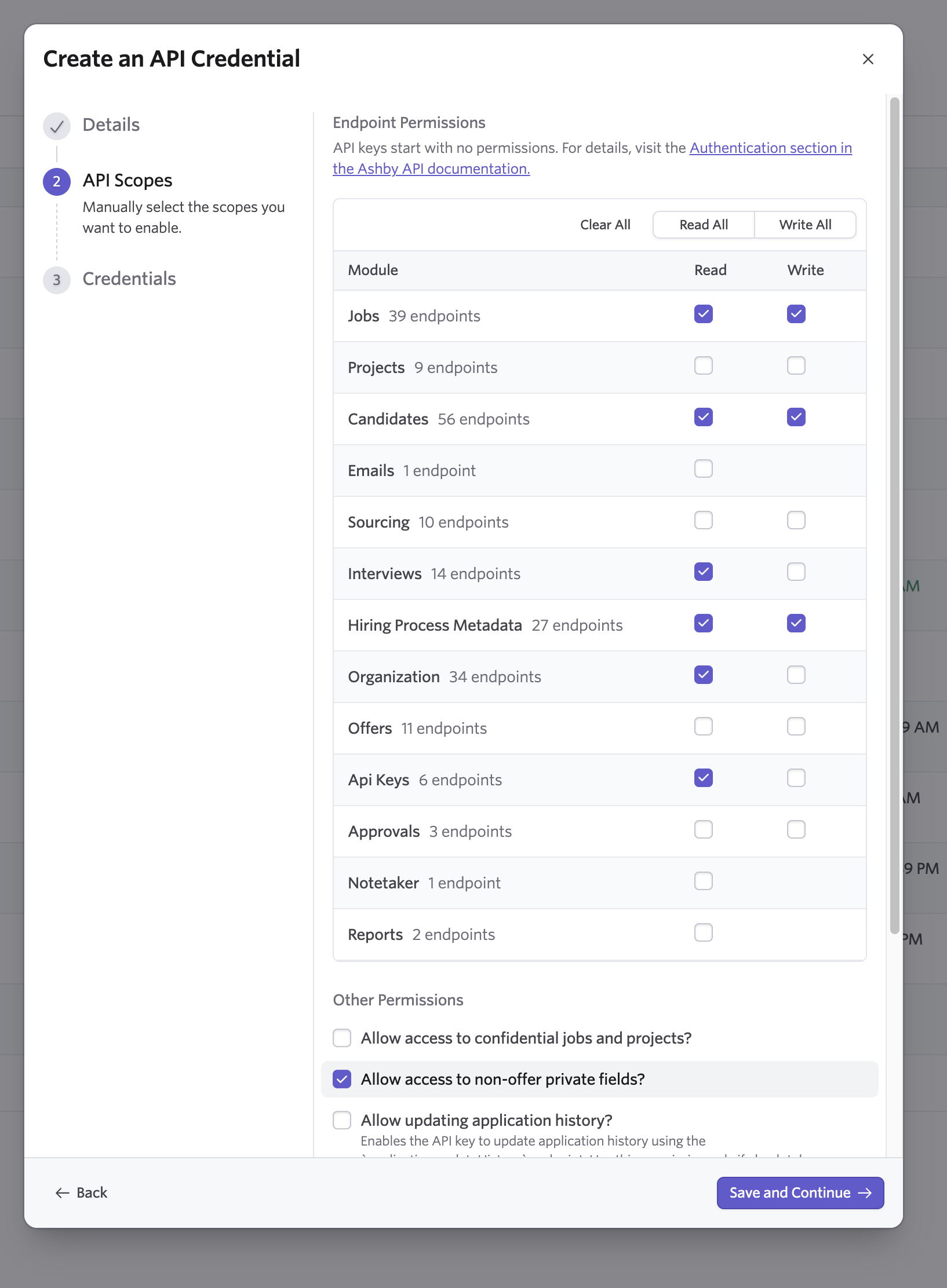 API Scopes step of the Create an API Credential modal in Ashby with the required Read and Write permissions selected