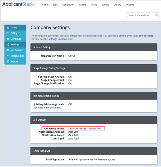 API Settings in ApplicantStack with the API Access Token