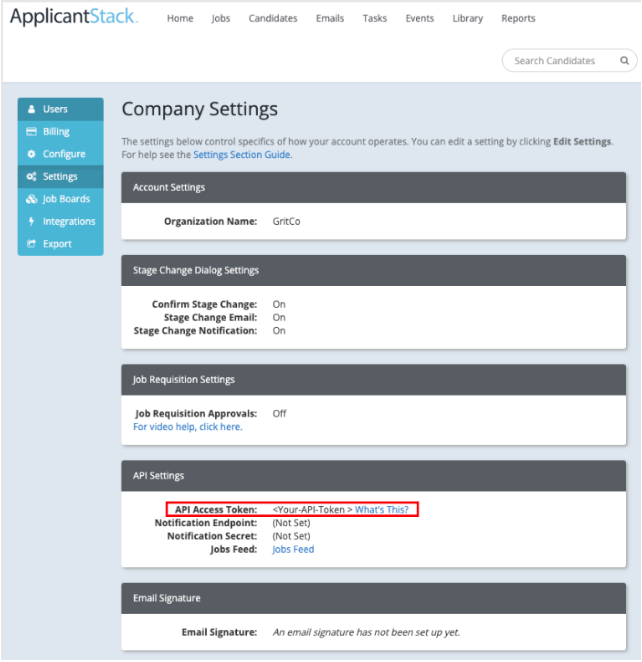 API Settings in ApplicantStack with the API Access Token