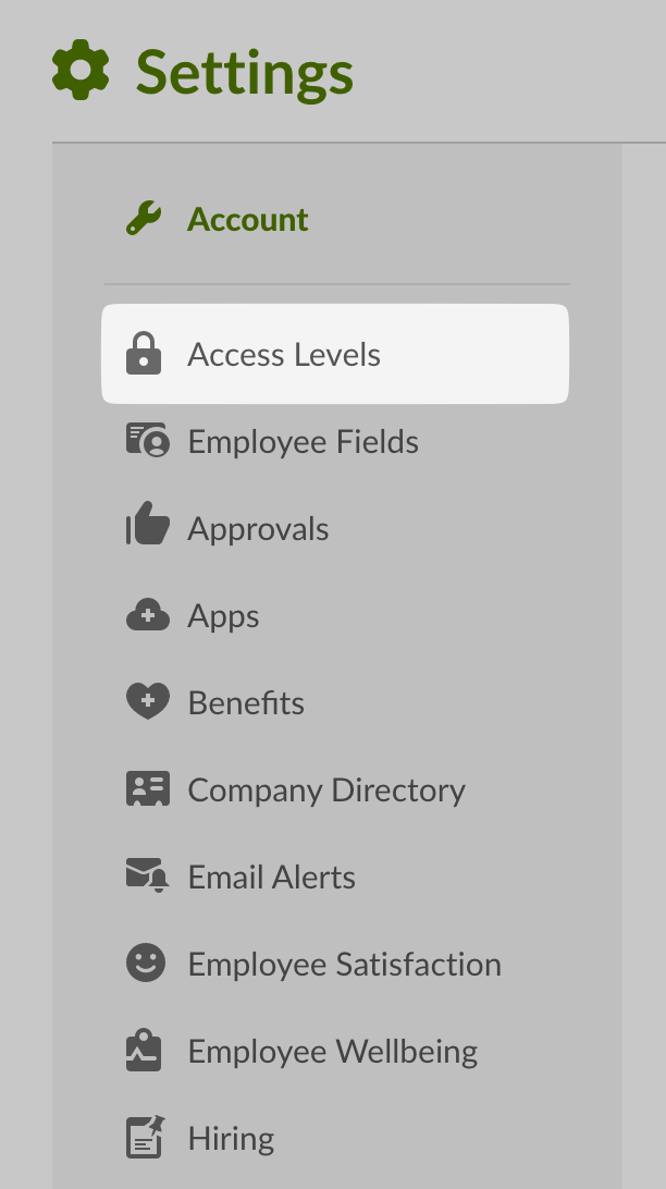 Access Levels in the Settings sidebar