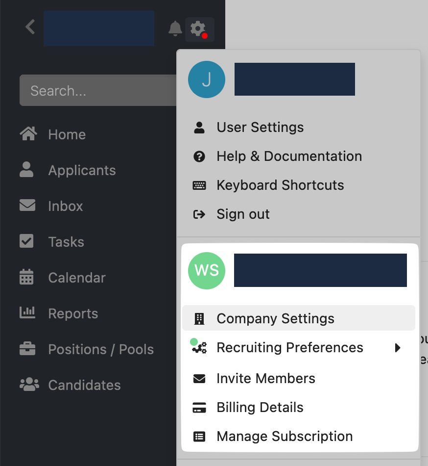 Company Settings visible after clicking the cog icon