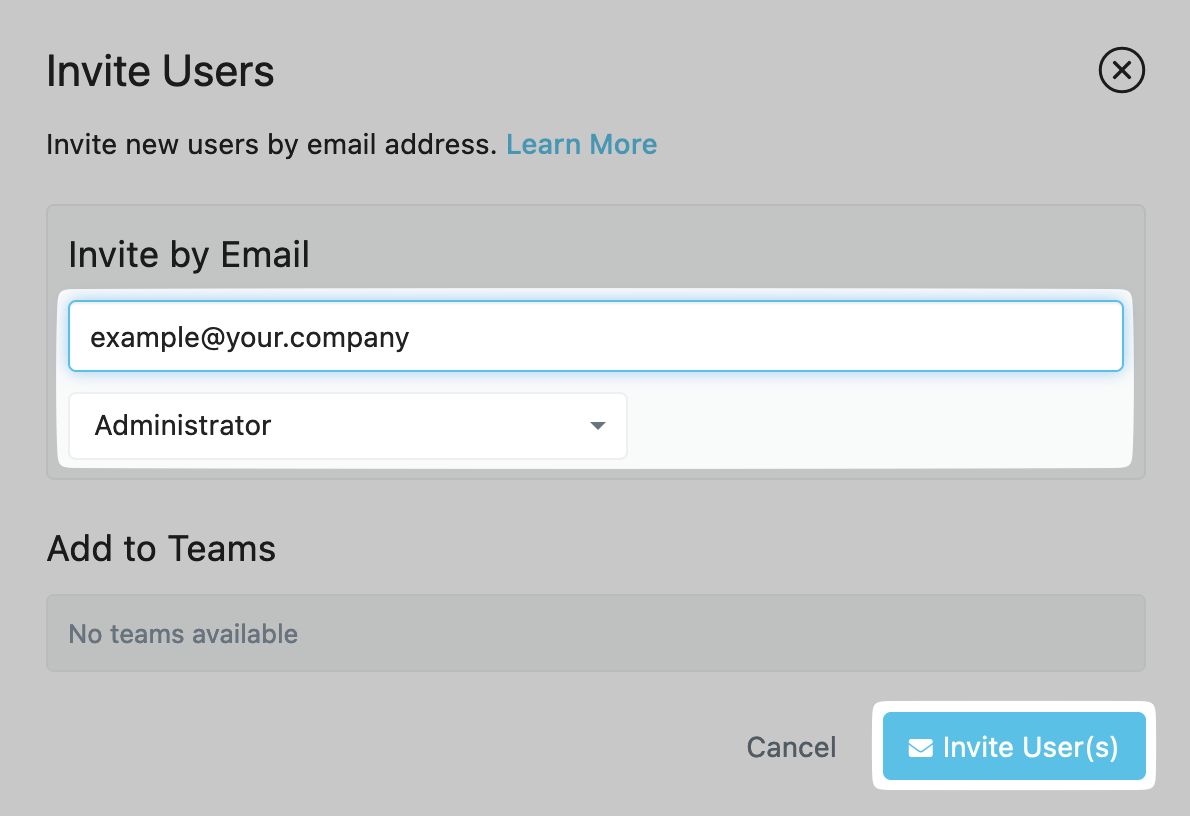 Inviting the integration user as an Administrator