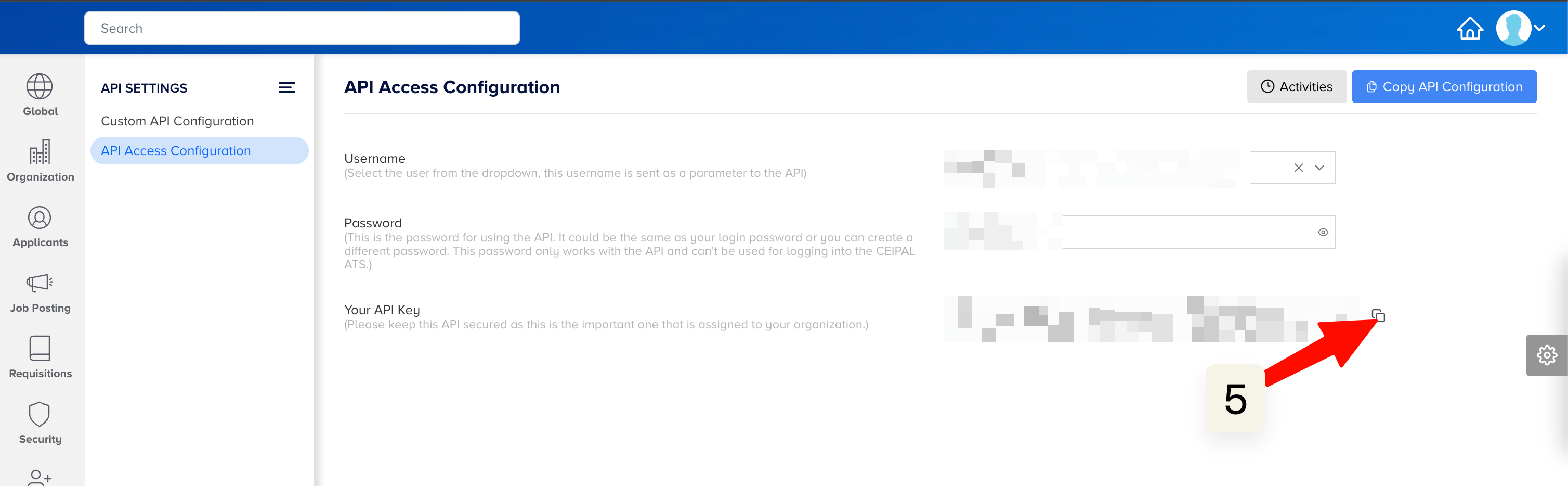 Copying the API key in Ceipal