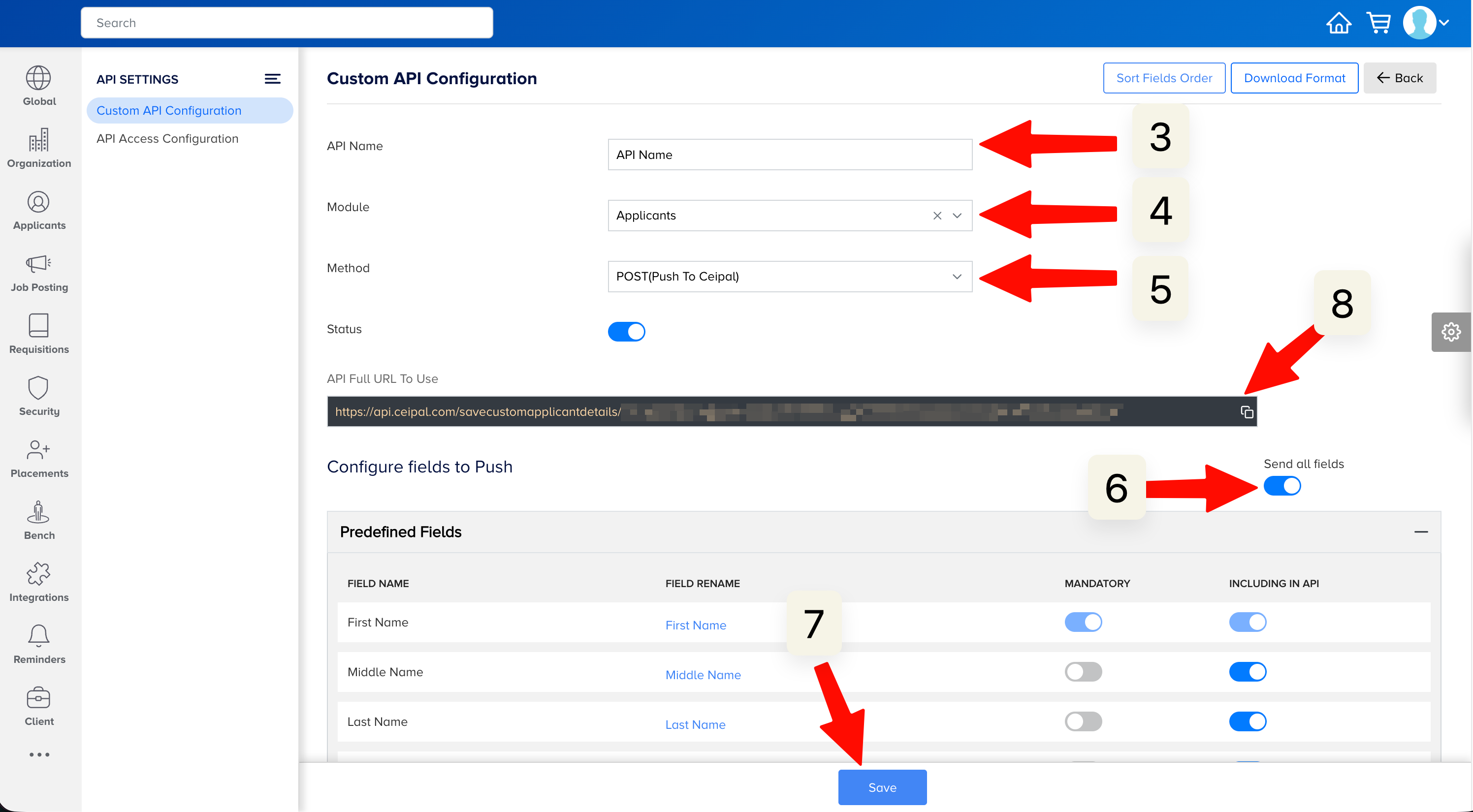 Custom API configuration form with the API Full URL