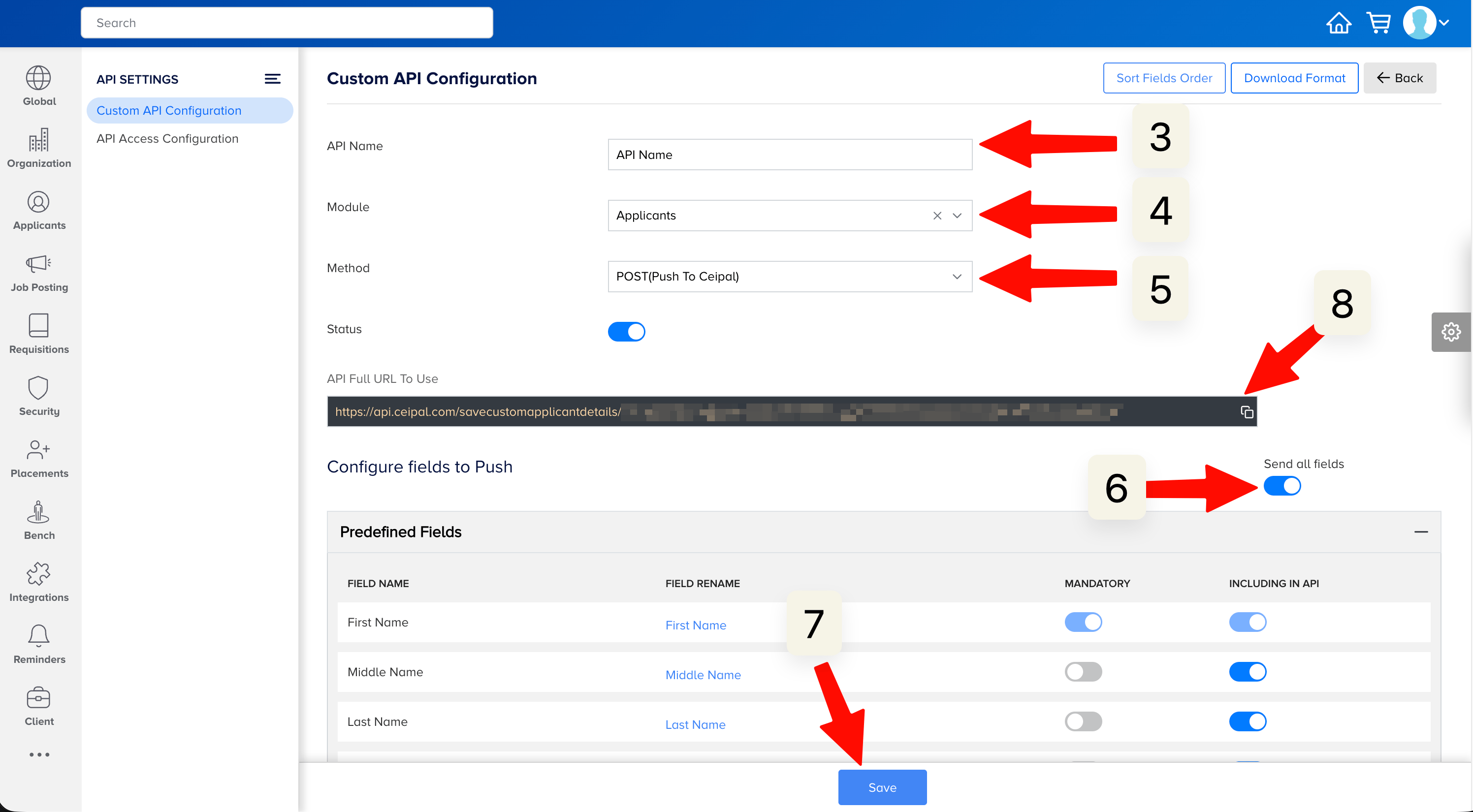Custom API configuration form with the API Full URL