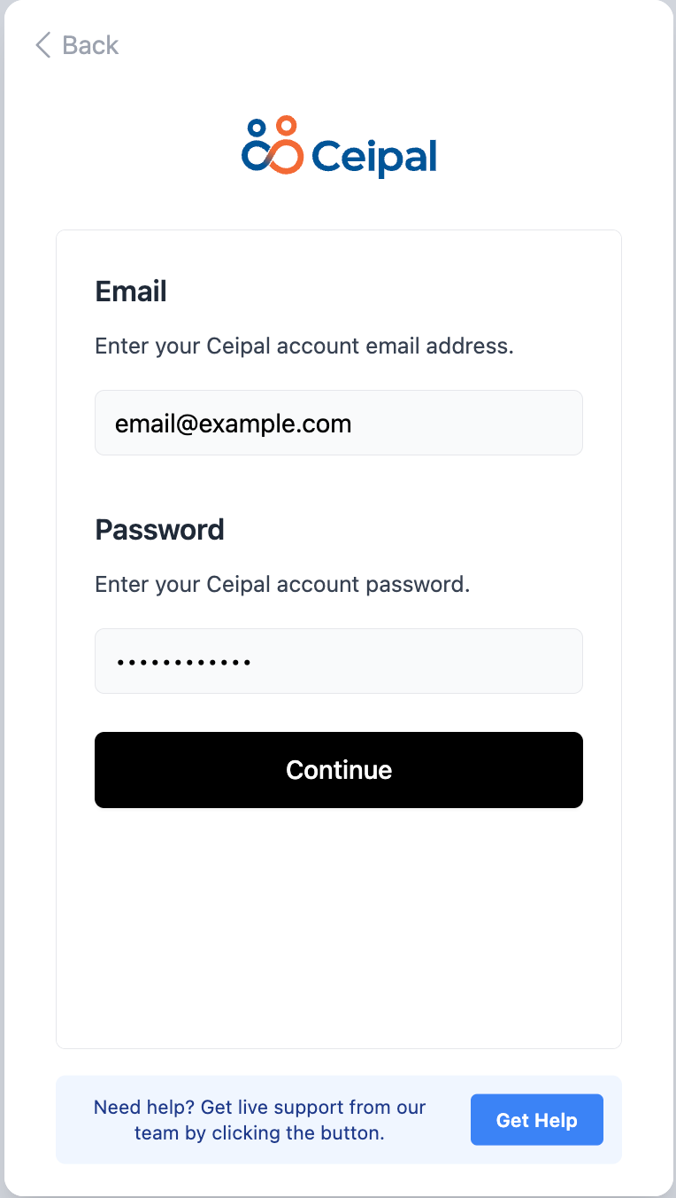 Entering your Ceipal email and password in the connection pop-up