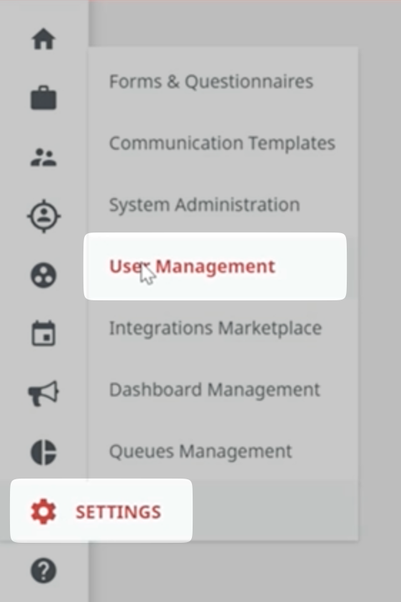 User Management page in the settings menu