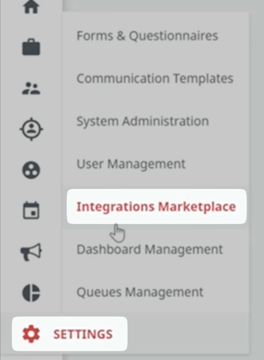 Integrations Marketplace page in the settings menu