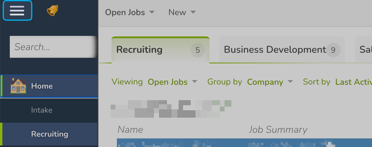Menu icon in Crelate